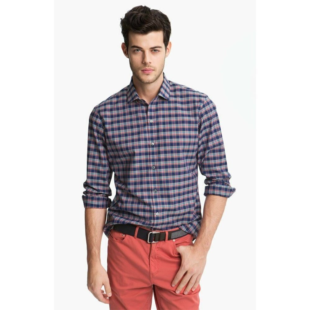 NWT Zachary Prell Tristan in Red Navy Plaid Cotton Sport Shirts XXL
